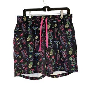 Tipsy Elves Swim Trunks Mens XL Black Neon Nightcap Cocktail All Over Beach‎ EUC